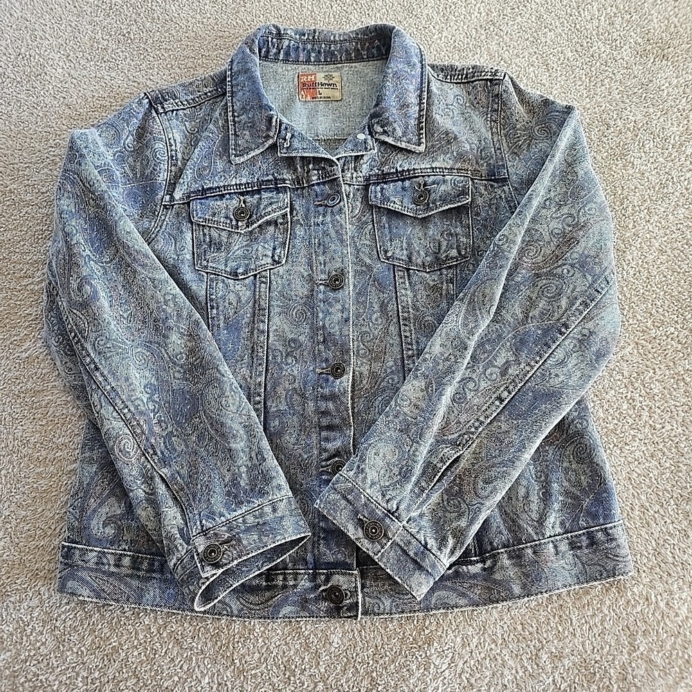 Ruff Hewn Denim Jean Jacket Faint Paisley All-Over Design Y2K 90s Women's Sz L